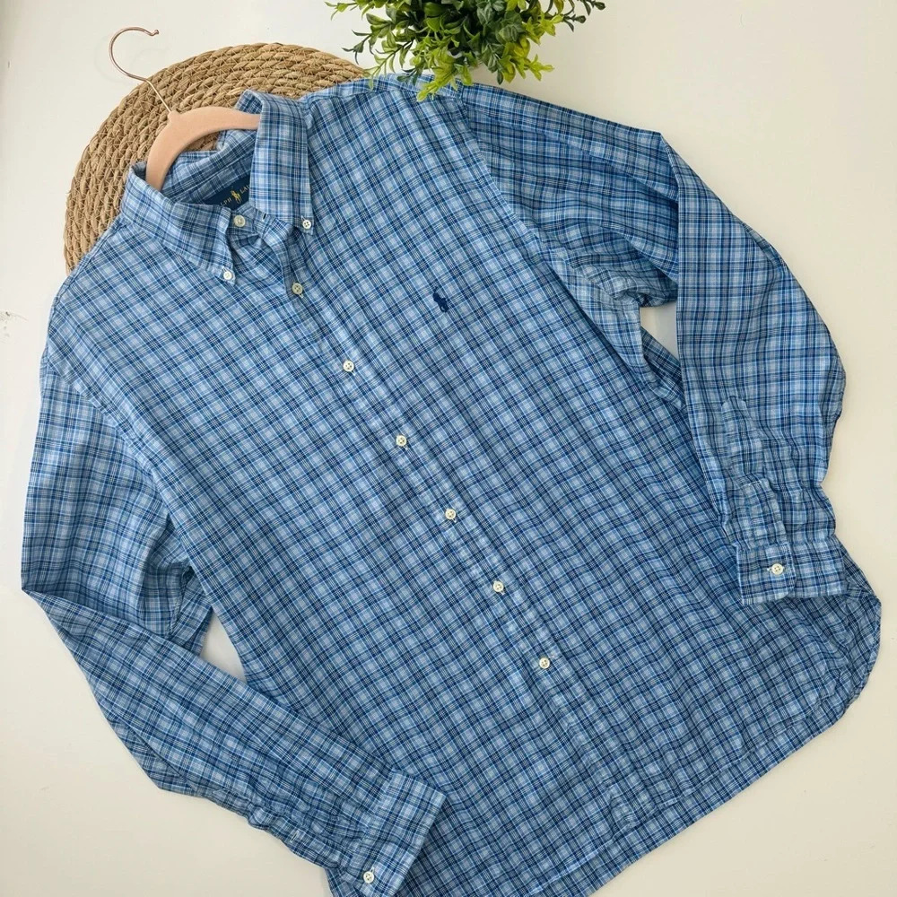 Ralph Lauren Blue Plaid Long Sleeve‎ Button Down Shirt Size XL